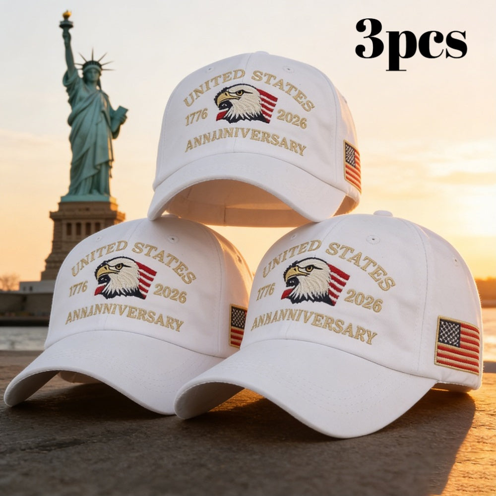 1776–2026 Bald Eagle Embroidered Caps — 3-Pack