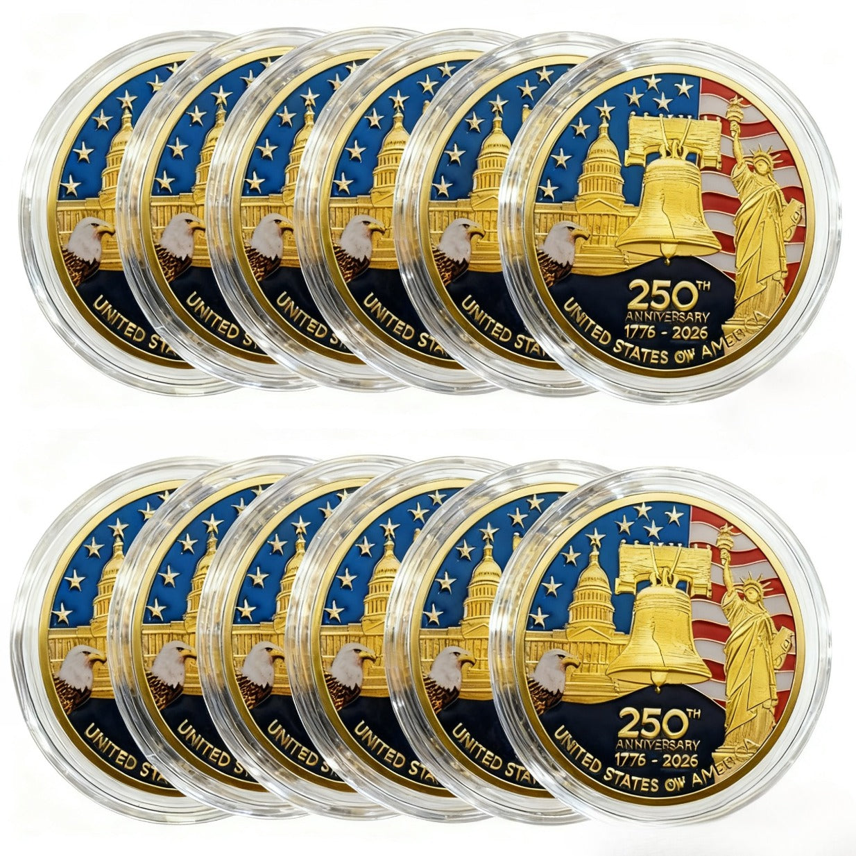 1776–2026 Anniversary Challenge Coins — Set of 12 with Cases