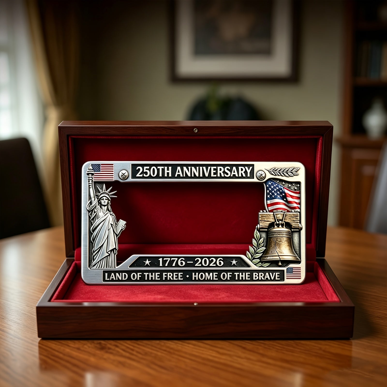 1776–2026 License Plate Frame — Statue of Liberty & Liberty Bell