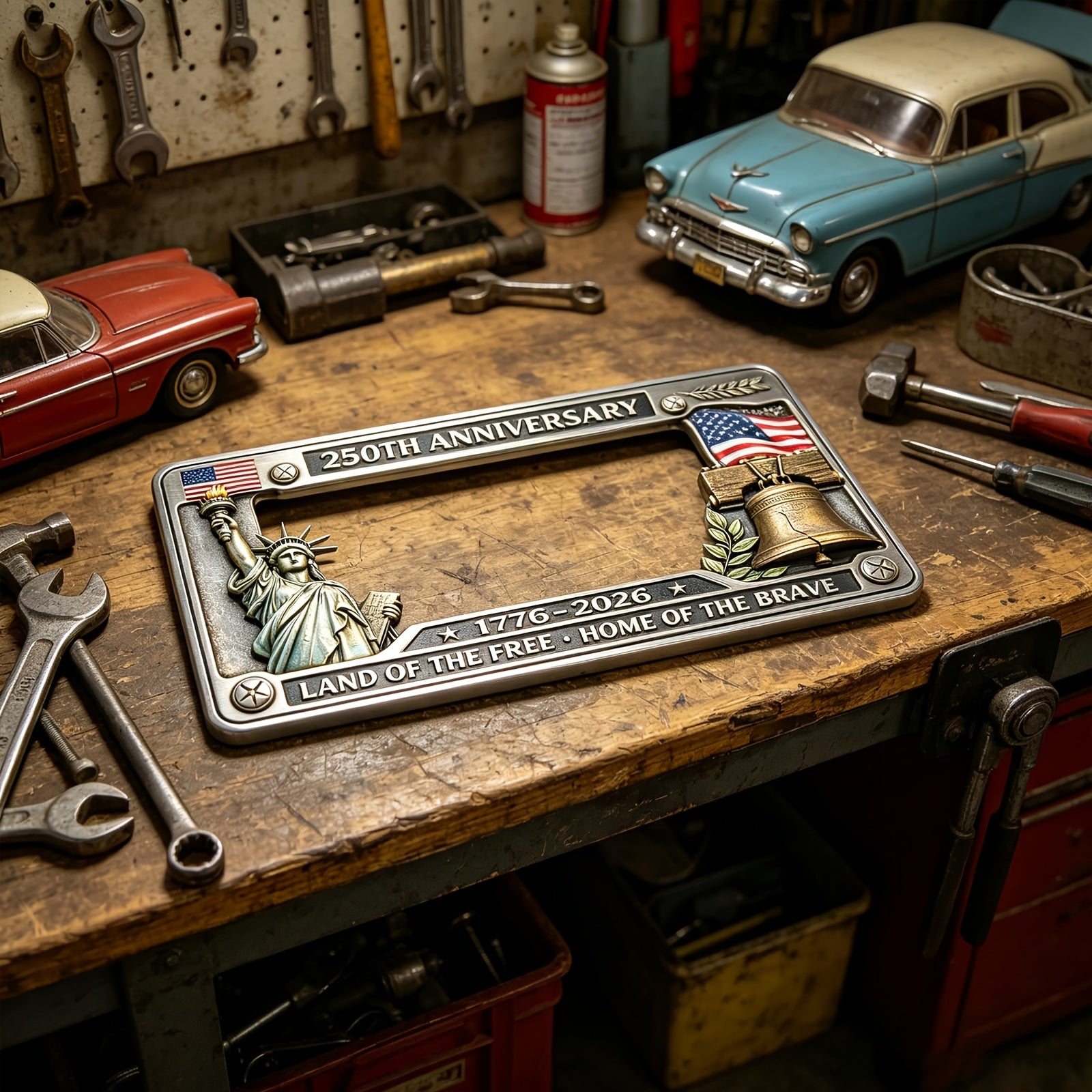 1776–2026 License Plate Frame — Statue of Liberty & Liberty Bell