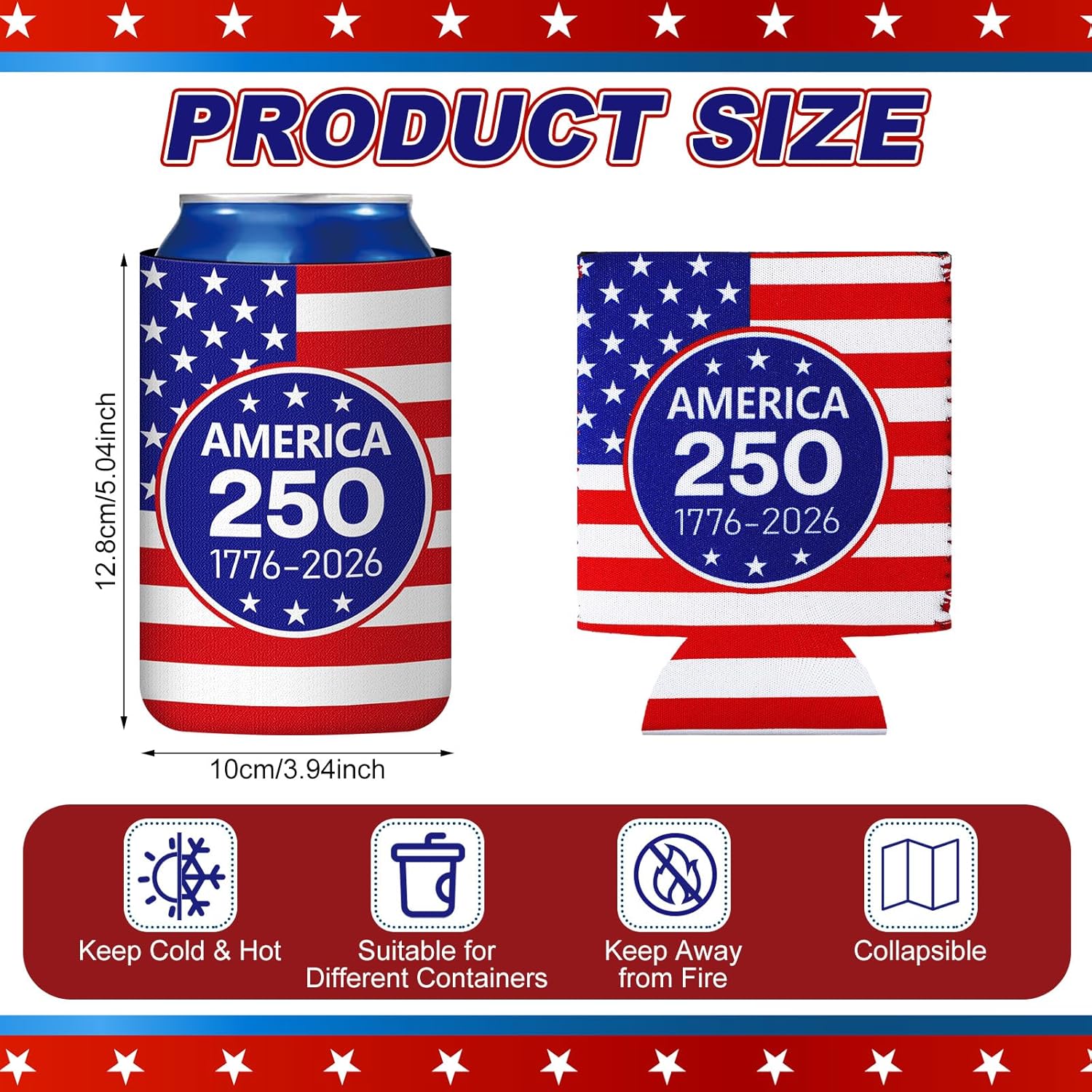 4th of July Can Cooler Sleeves — 12-Pack 250th Anniversary